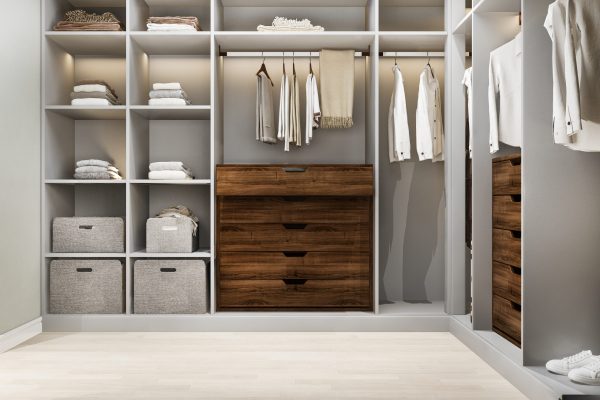 3d rendering minimal scandinavian wood walk in closet with wardrobe